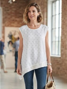 Pure Venice Made in Italy White Silver Polka Dot Asymmetric Linen Top Tunic L